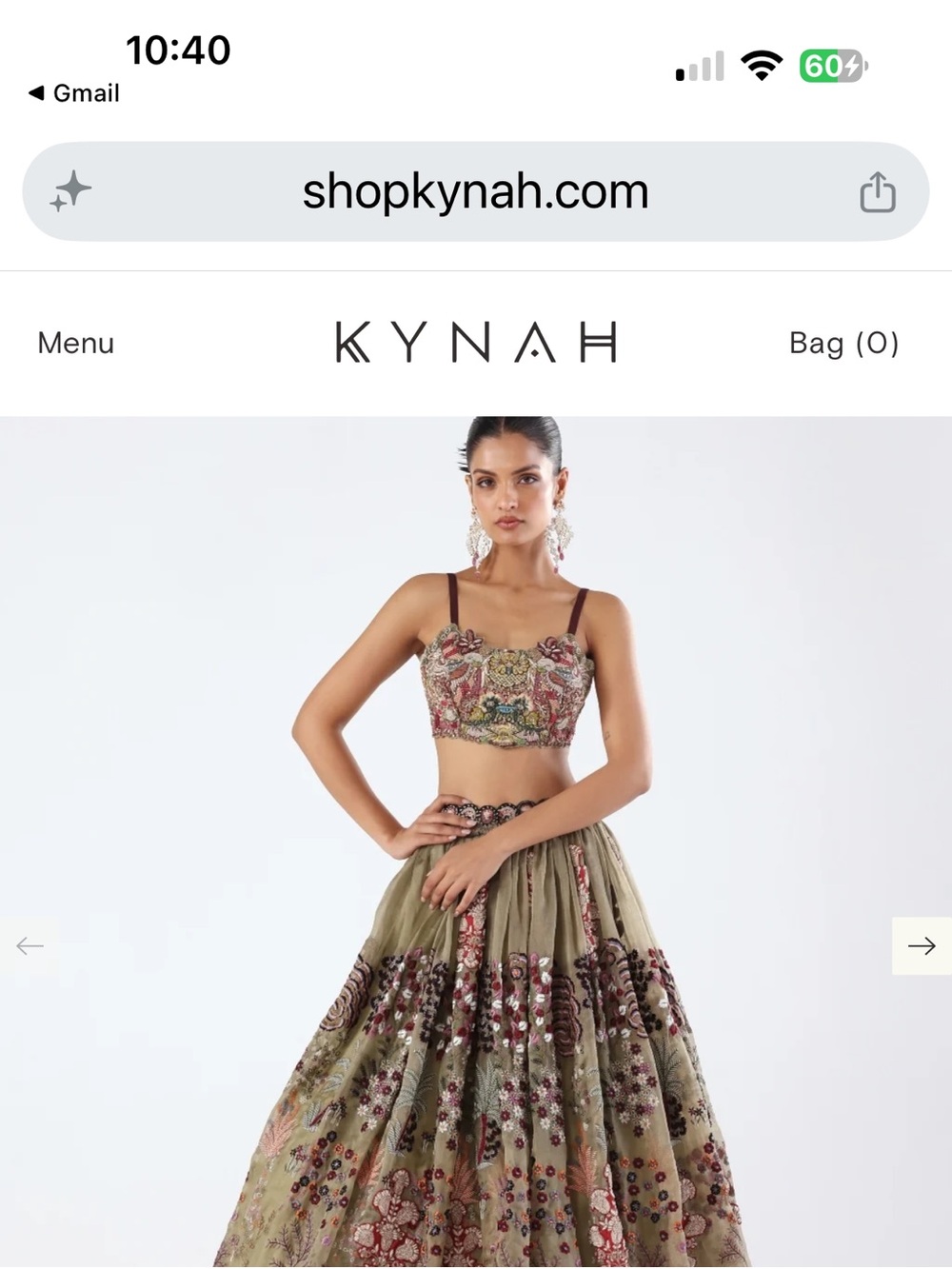 Kynah Olive Embroidered Crop Top & Full Skirt Wedding Set BRAND NEW NEVER WORN!